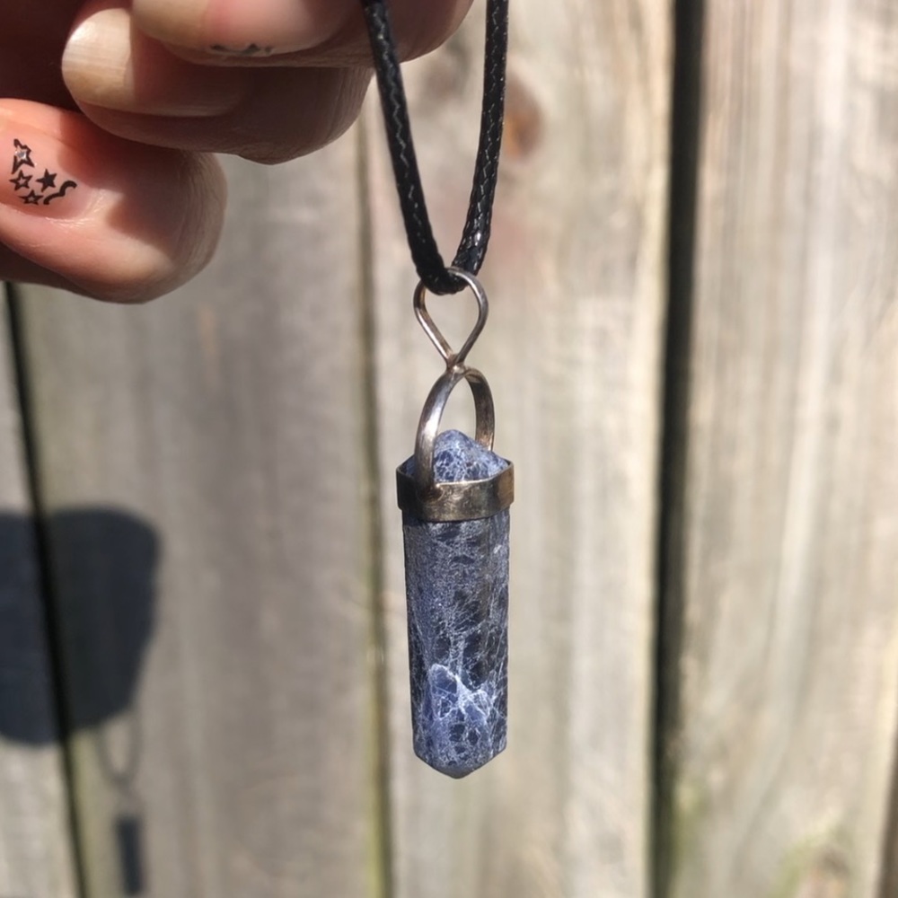 New Sodalite Pendant set 925 Sterling Silver W/Black Cord Chain (Unisex) - Picture 3 of 4